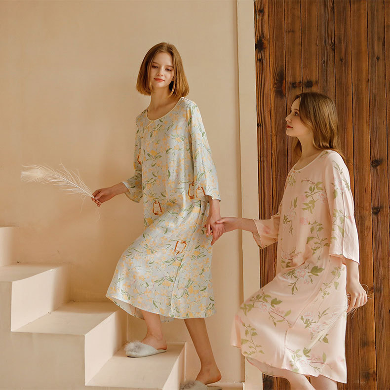 貢緞新中式國風長袖睡裙