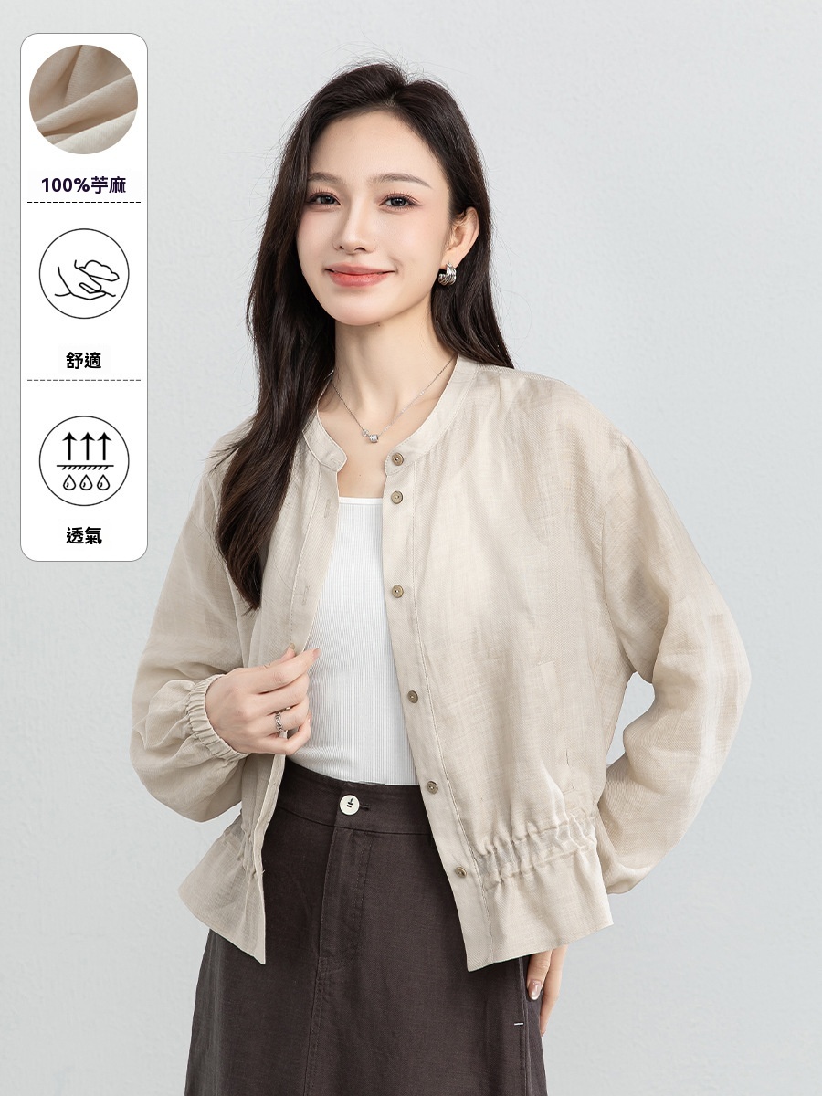 女夏苧麻荷葉邊小立領襯衫