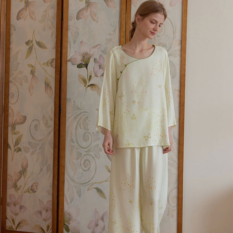女款貢緞新中式蝶戀印花長袖睡衣套裝