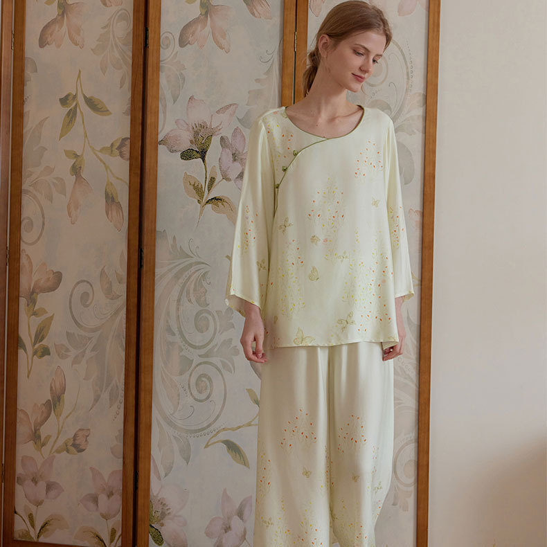 女款貢緞新中式蝶戀印花長袖睡衣套裝