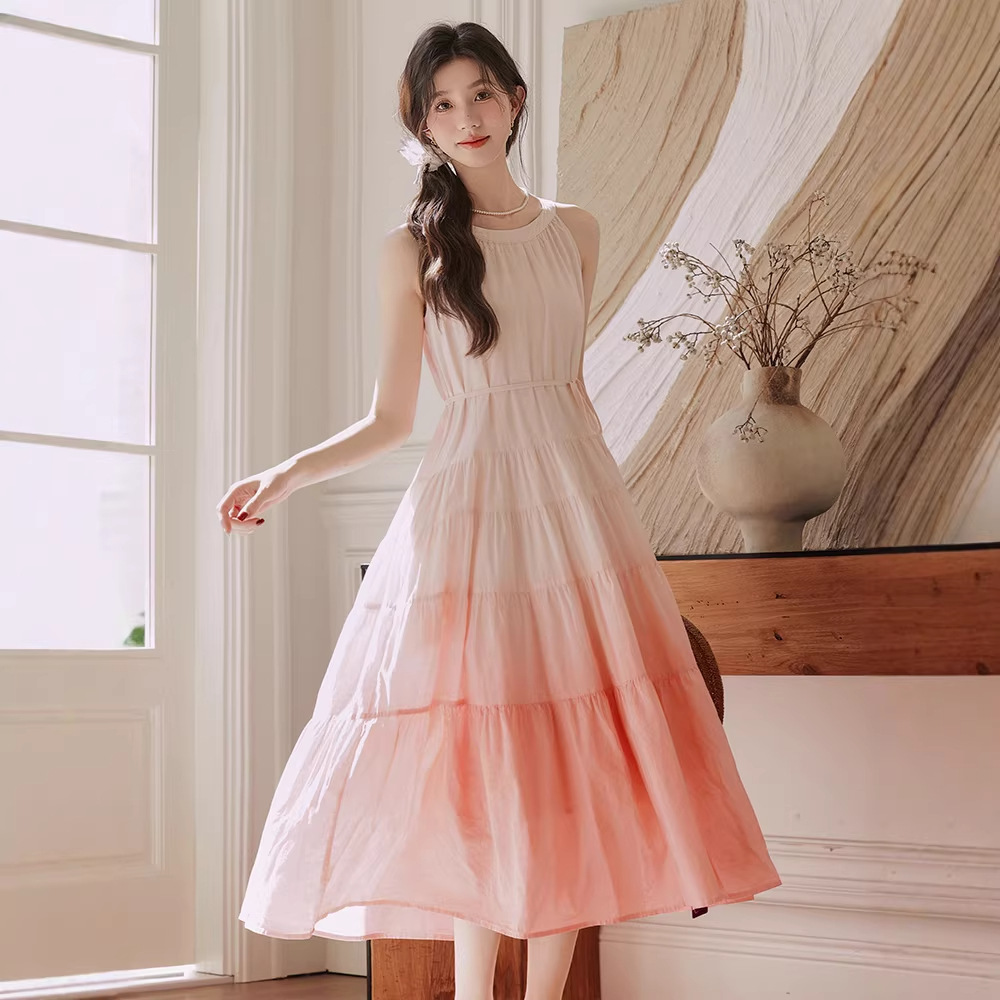 夏漸變粉無袖蝴蝶繫帶連衣裙子