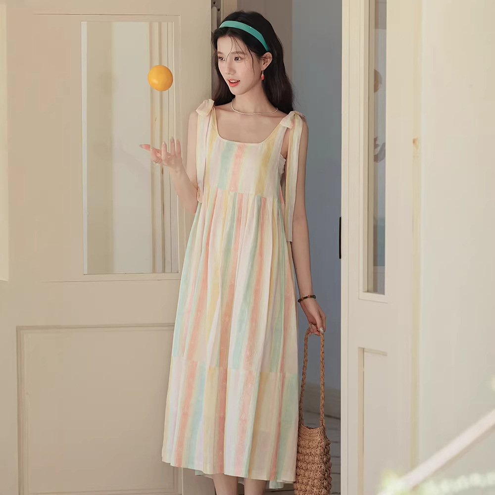 春夏多巴胺彩虹條紋無袖連衣長裙
