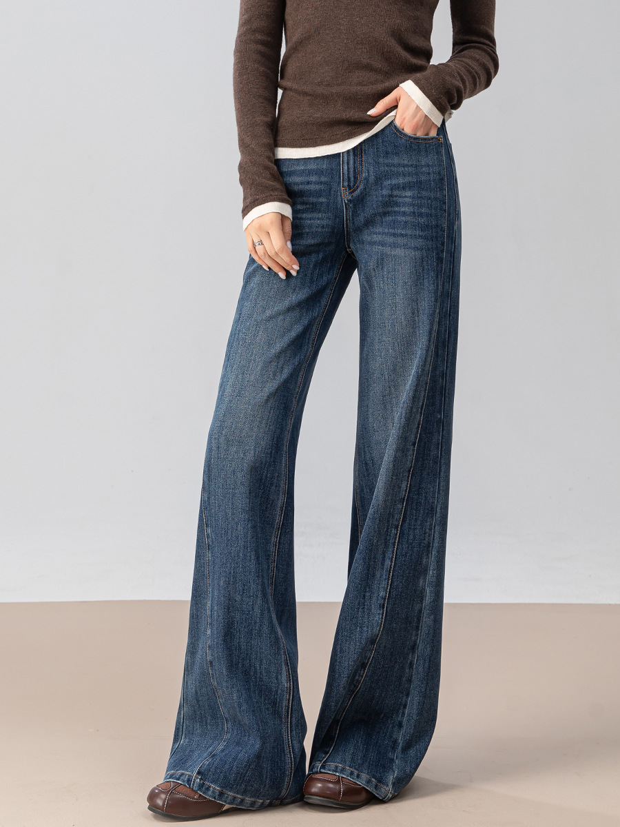 女士秋季復古微喇拖地牛仔褲