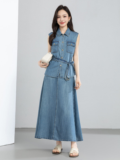 女老錢風牛仔馬甲半裙套裝