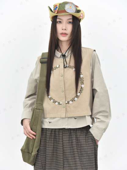 女士春秋花環刺繡純棉馬甲