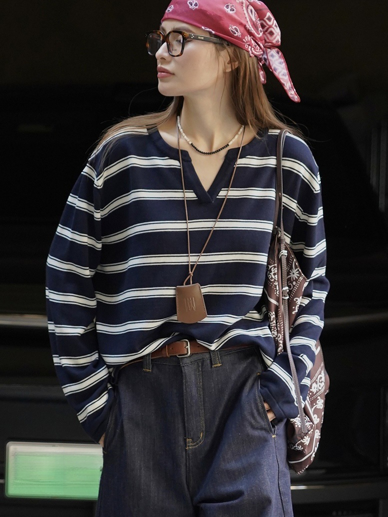 女士春秋V領粗條紋綿羊毛毛衣