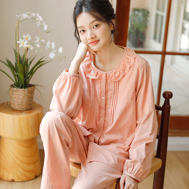 女士春秋純棉蕾絲花邊薄款家居服