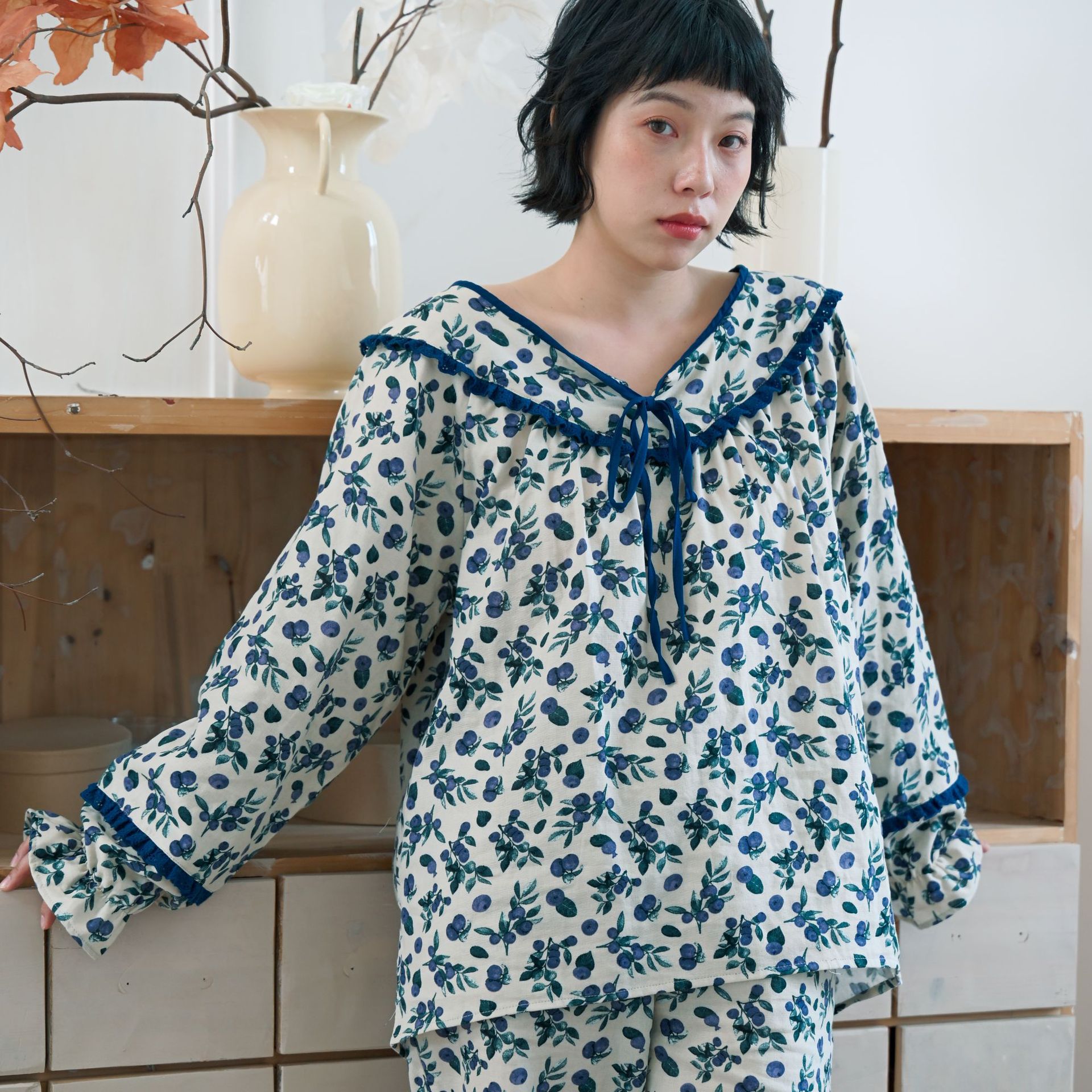 女春秋雙層棉紗漿果藤蔓長袖居家服