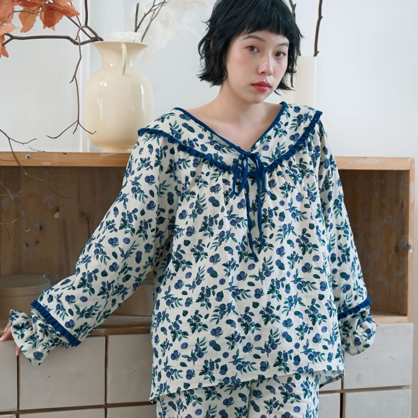 女春秋雙層棉紗漿果藤蔓長袖居家服