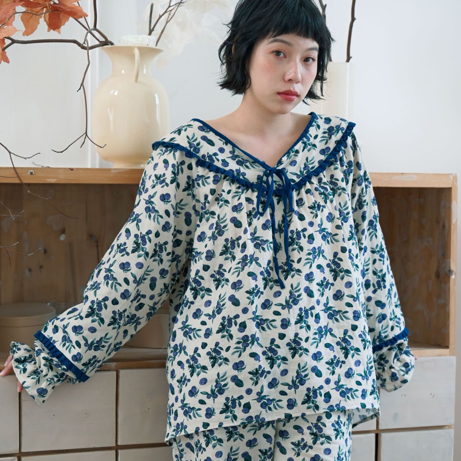 女春秋雙層棉紗漿果藤蔓長袖居家服