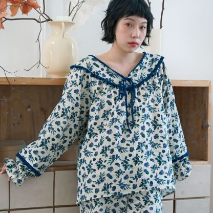 女春秋雙層棉紗漿果藤蔓長袖居家服