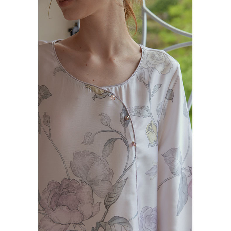 中國風復古斜襟扣天絲印花長袖睡裙