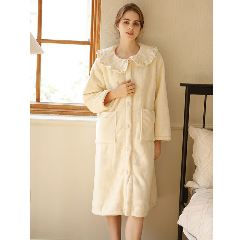 女秋冬娃娃領法蘭絨山茶花長袖睡裙