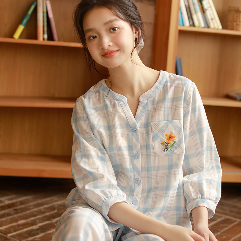 女款棉紗格紋V領七分袖長褲睡衣套裝