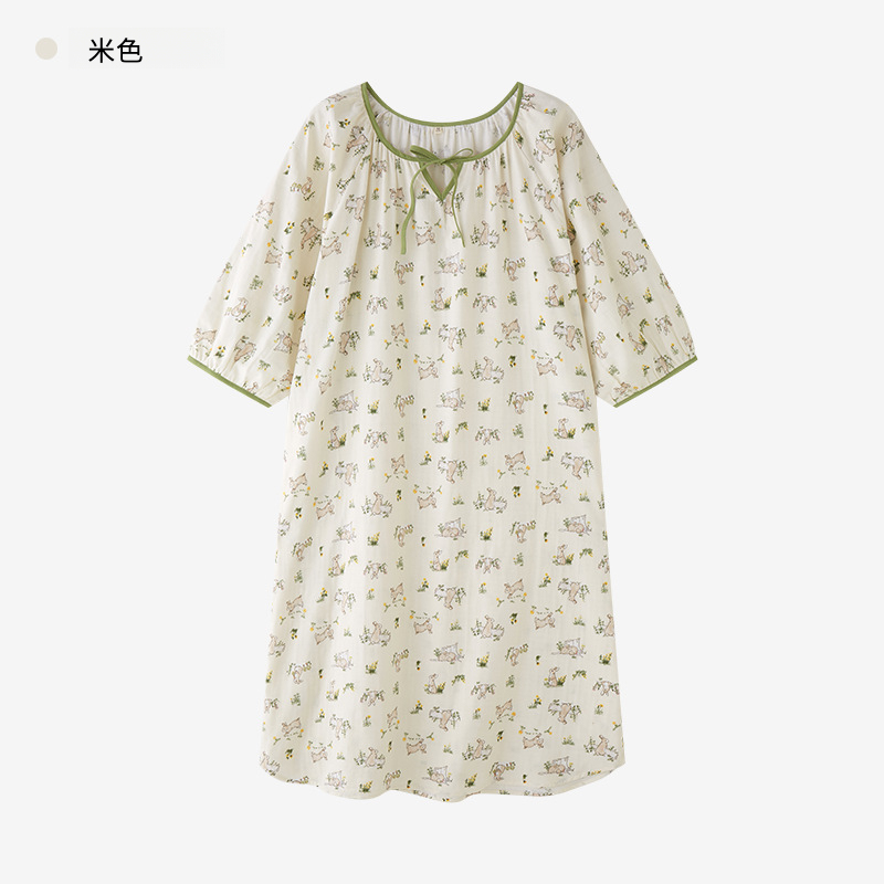 女款法式夏季七分袖純紗布可愛多睡裙