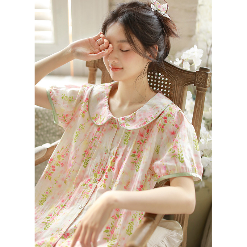 女款夏季娃娃領粉色短袖中褲家居服