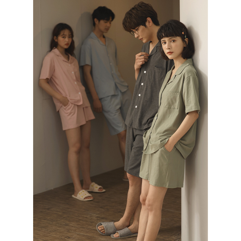 情侶款夏純棉短袖短褲開衫居家服