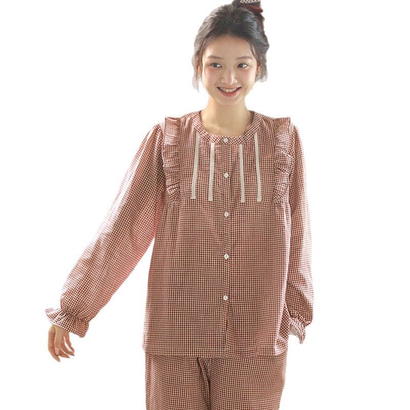 女士秋季帶胸墊純棉圓領開衫長袖長褲居家服