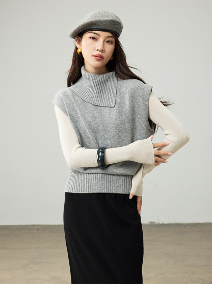 女士春秋100%羊毛翻領針織馬甲