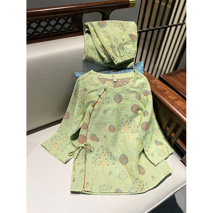 女士四季款古風樹葉印花長袖圓領家居服