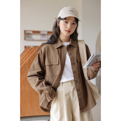 女士春秋季學院風港味水洗工裝牛仔外套