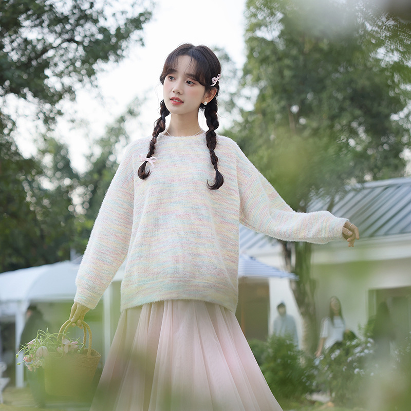 女春彩虹條紋針織上衣