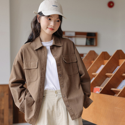 女士春秋季學院風港味水洗工裝牛仔外套