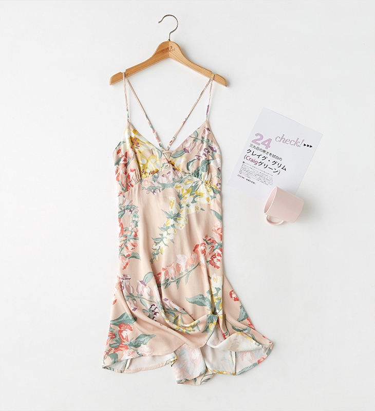 女士貢緞花卉透氣露背短款吊帶睡裙