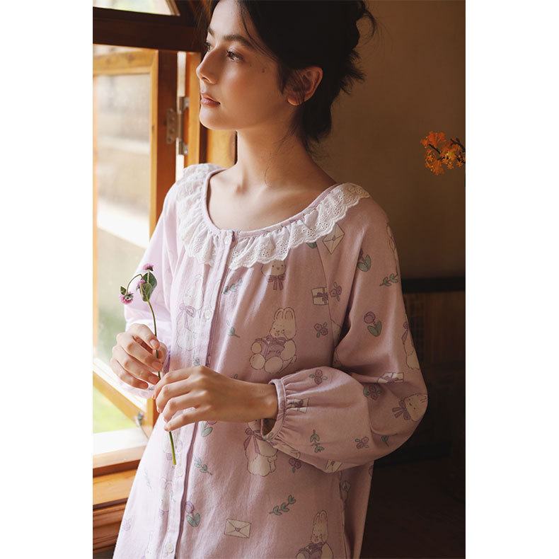 女秋冬磨毛郁兔情書印花睡衣套裝