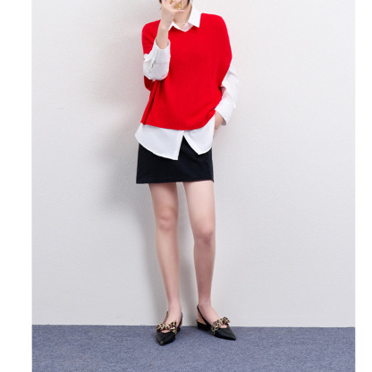 女士春秋V領寬鬆針織馬甲