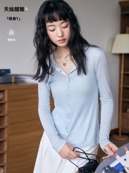 女春夏綿羊毛薄款紐扣開衫