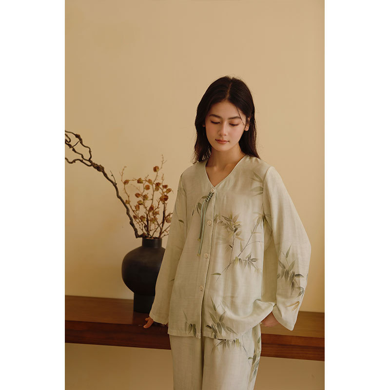 女款竹棉竹韻印花桃心領套頭長袖睡衣套裝