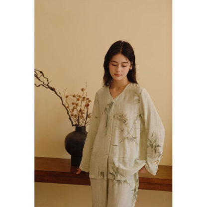 女款竹棉竹韻印花桃心領套頭長袖睡衣套裝