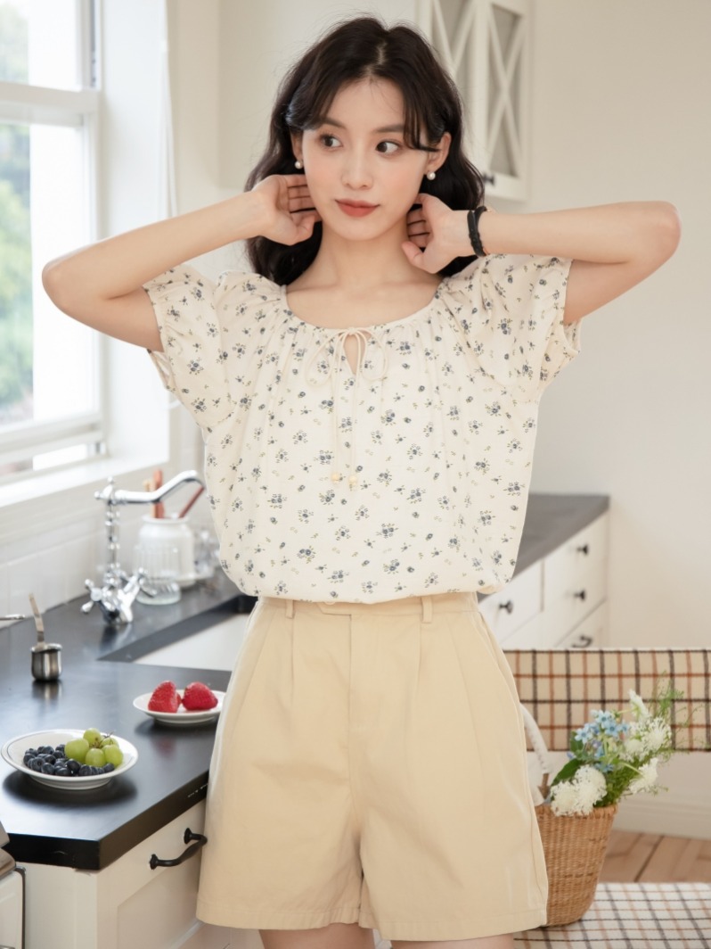 女半開領綁帶碎花短袖襯衣