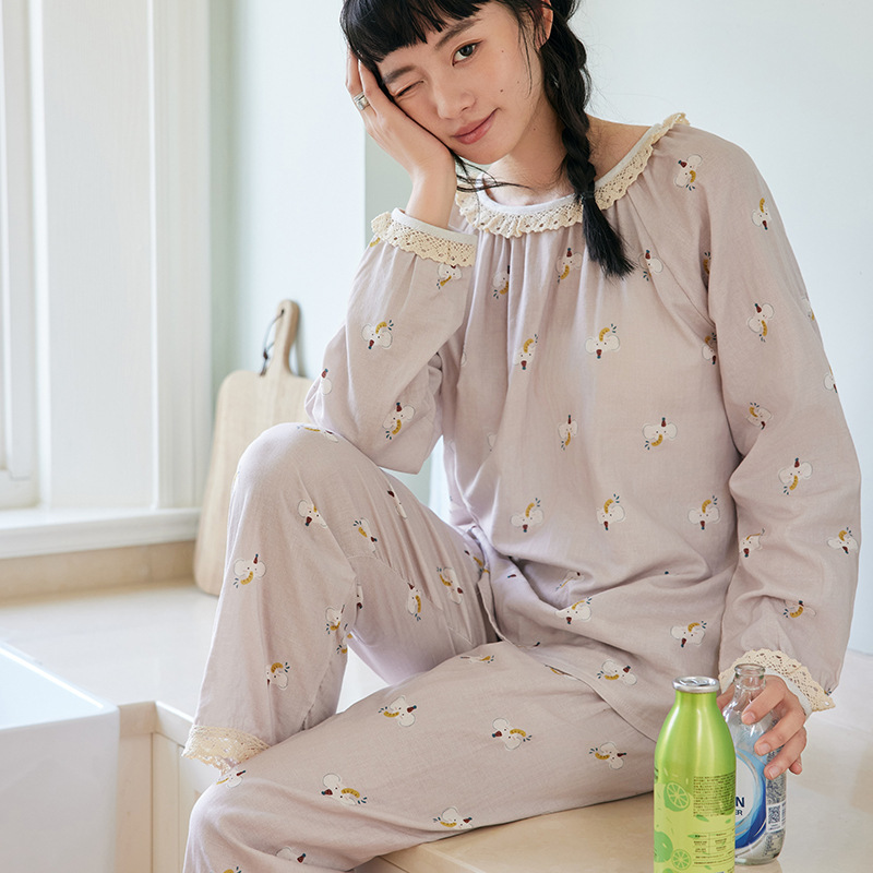 女款纯棉日系蕾絲邊長袖睡衣套装