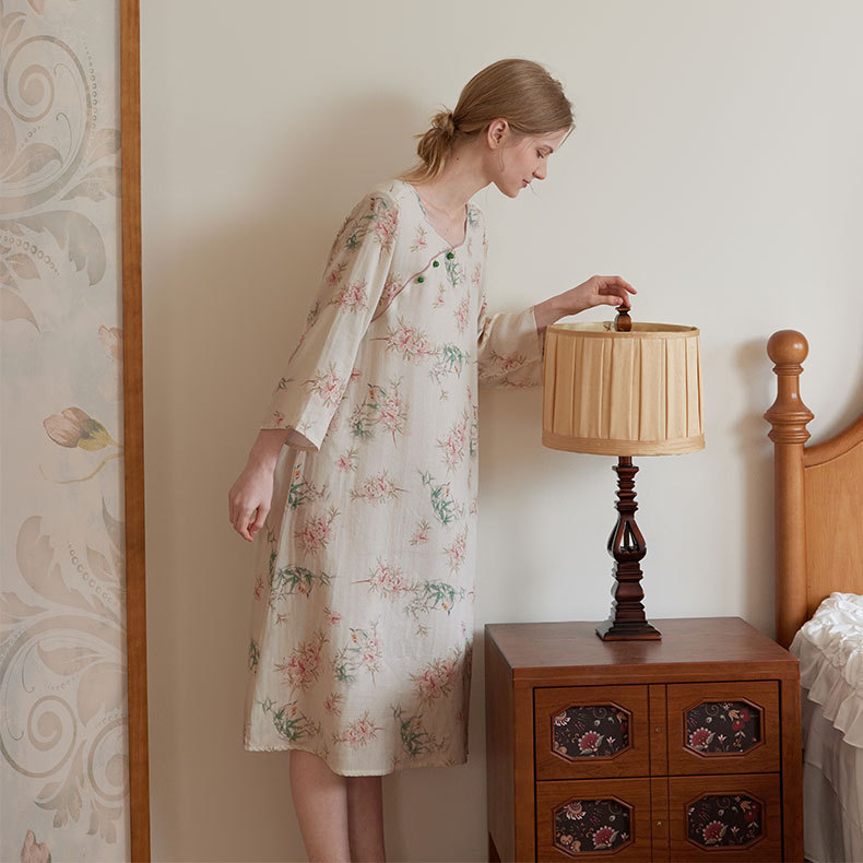 女竹棉國風斜襟桃竹印花長袖睡裙