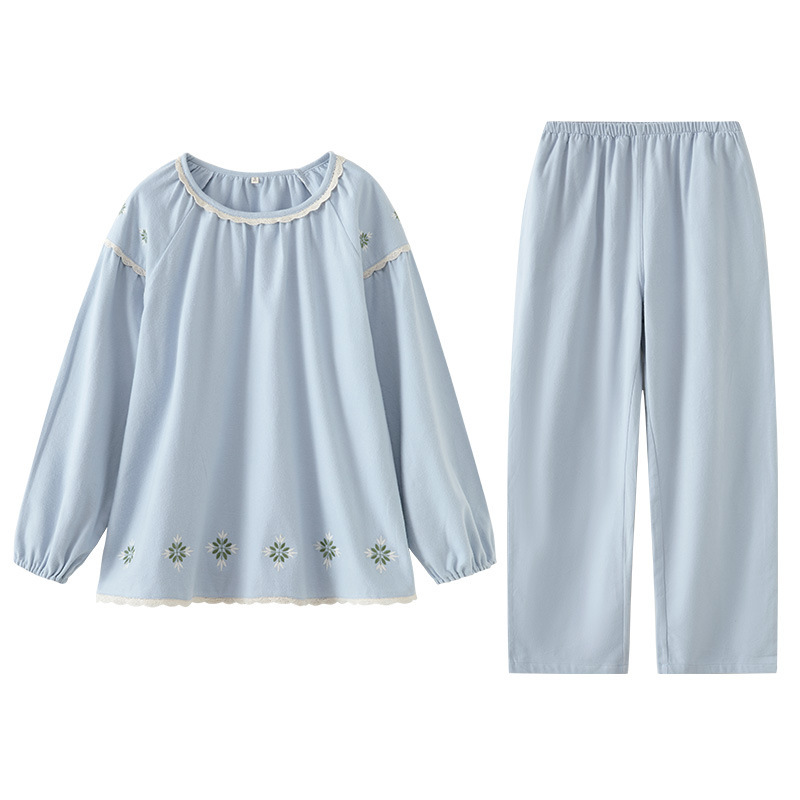 女士秋冬純棉磨毛刺繡圓領套头長袖長褲居家服