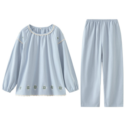 女士秋冬純棉磨毛刺繡圓領套头長袖長褲居家服