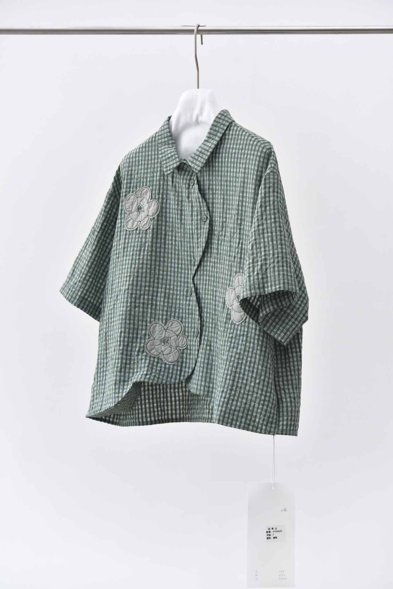 女拼貼花朵文藝格子短袖襯衫