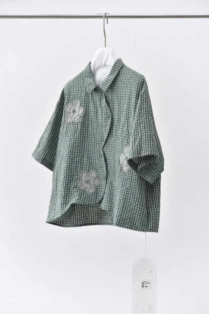 女拼貼花朵文藝格子短袖襯衫