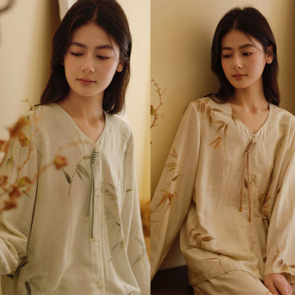 女款竹棉竹韻印花桃心領套頭長袖睡衣套裝