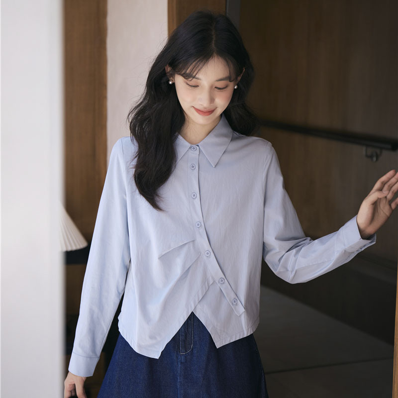 女士秋季不規則設計感短款純色襯衫