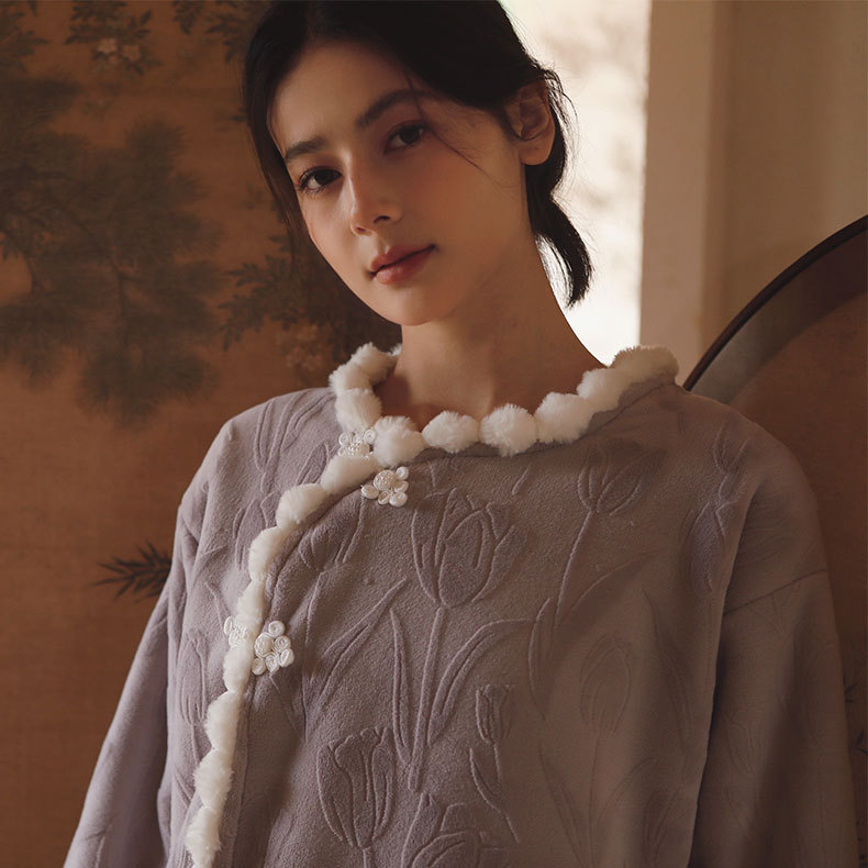 女士秋冬加絨鬱金香提花民國風睡衣