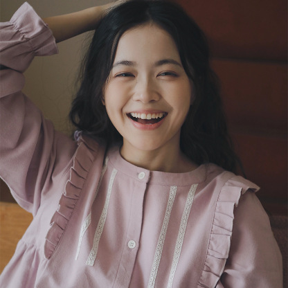 女士秋冬純棉磨毛花邊甜美圓領長袖長褲居家服