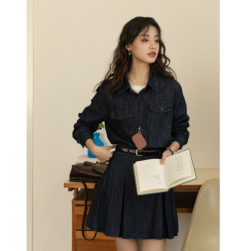 女士春韓系長袖Polo領牛仔襯衫