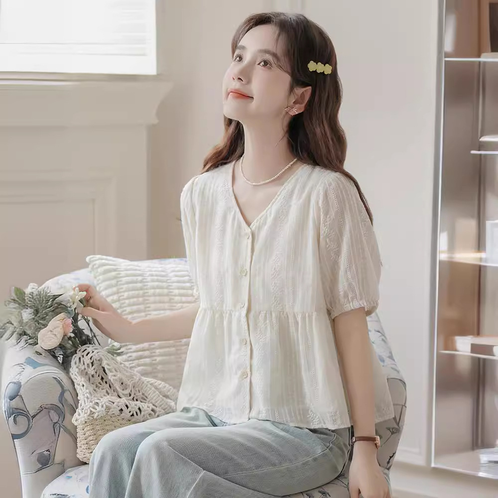 女夏花邊提花V領短袖襯衫