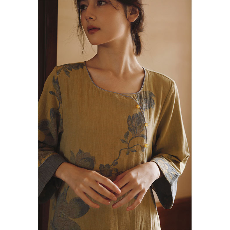  棉紗新中式斜襟古風玉蘭提花長袖睡裙