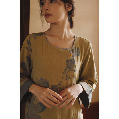  棉紗新中式斜襟古風玉蘭提花長袖睡裙