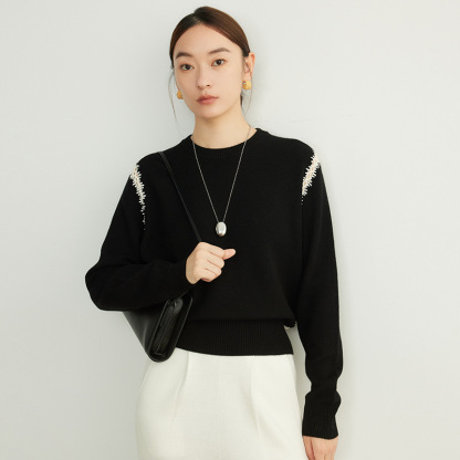 女士秋季赫本風勾花羊毛針織衫