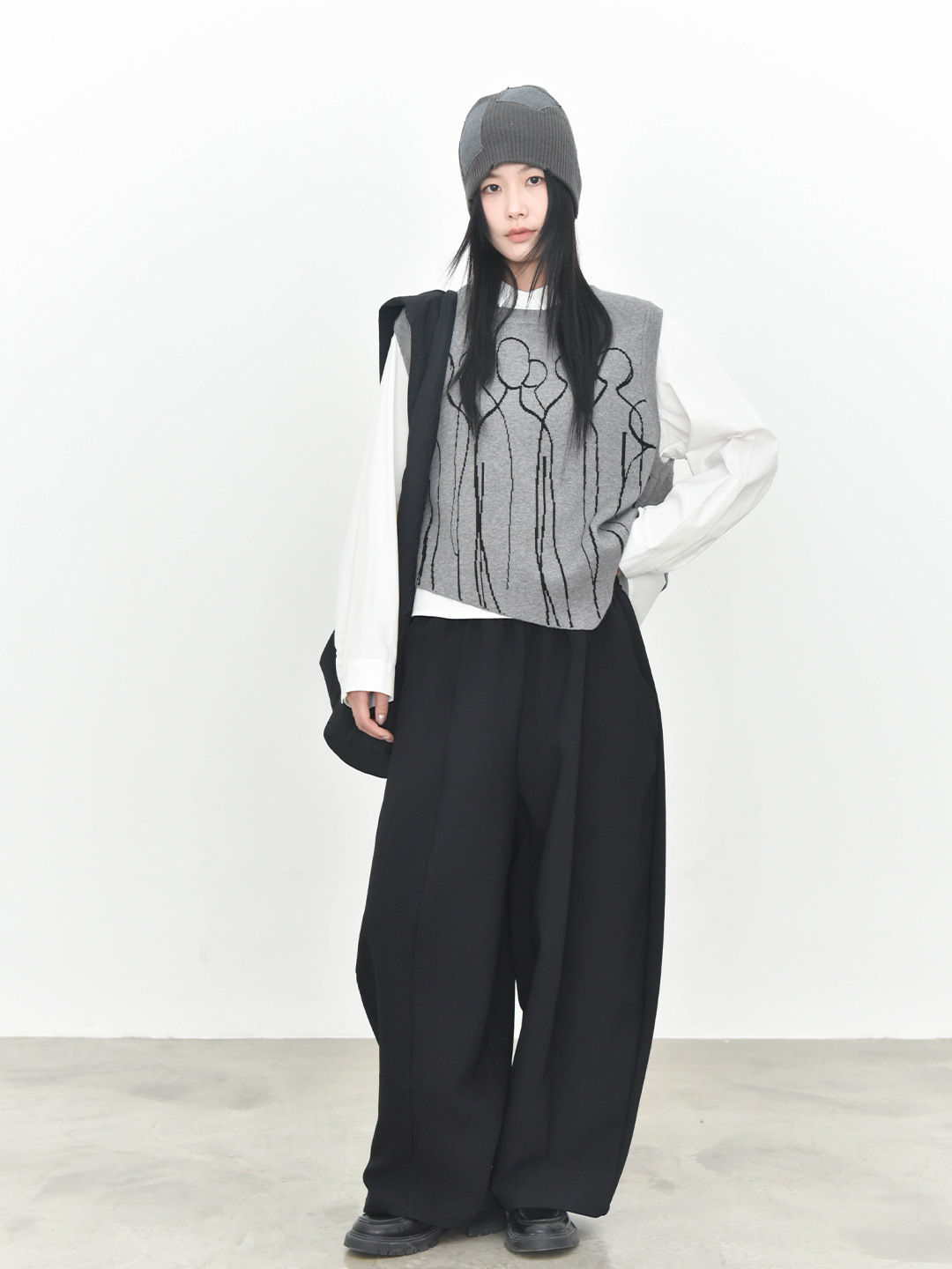 女士秋冬撞色提花尖角圓領針織馬甲